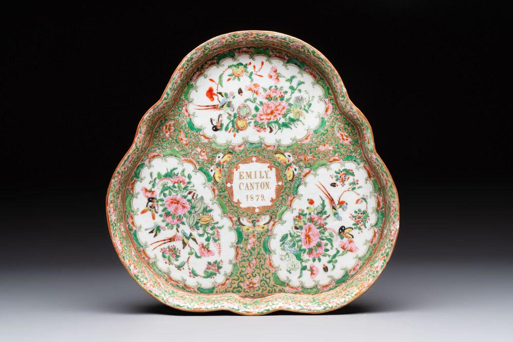 An extremely rare inscribed Chinese Canton famille rose trefoil tray, Qing, dated 1879