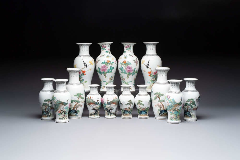 Seven pairs of Chinese famille rose vases, Qianlong and Jingdezhen marks, 20th C.