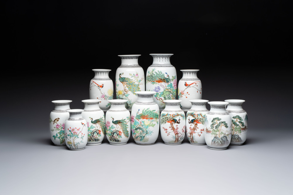 13 Chinese famille rose lantern-shaped vases, 20th C.