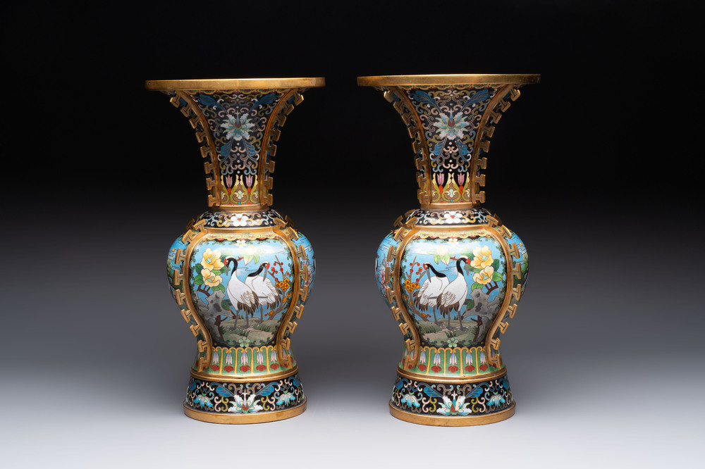 A pair of Chinese cloisonn&eacute; 'cranes' vases, Republic