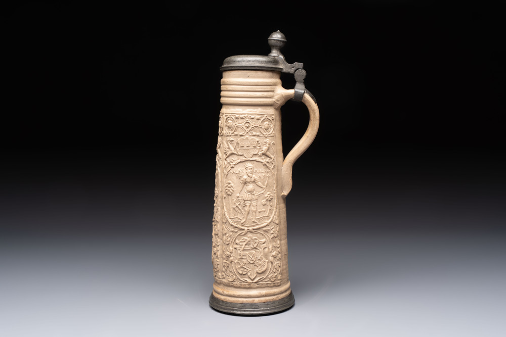 A Siegburg stoneware pewter-mounted schnelle, dated 1589
