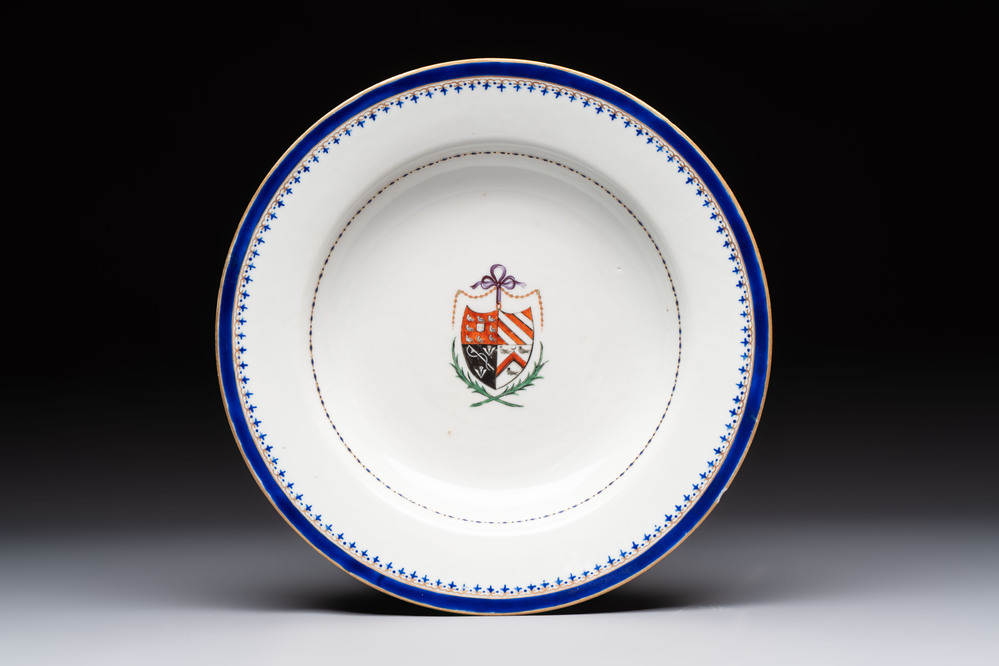 A Chinese armorial plate with the arms of Chadwick quartering Malvesyn, Carden and Bagot, Qianlong, dated 24 Jan. 1791