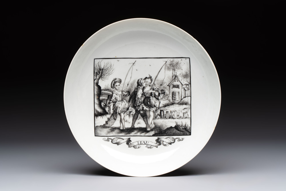 A fine and rare Chinese European-decorated semi-erotic plate, Qianlong, ca. 1770