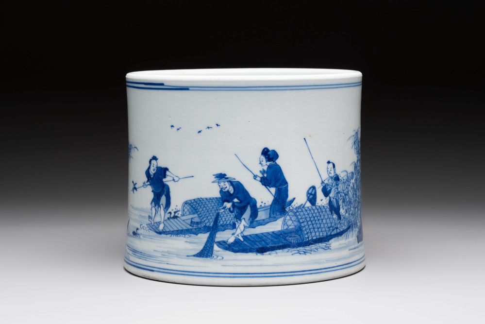 A fine Chinese blue and white 'fishermen and poem' bitong, Shang 賞 seal mark, Kangxi