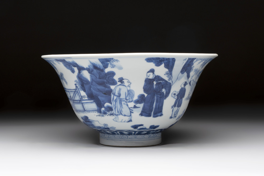 A large Chinese blue and white 'Zhu Lin Qi Xian 竹林七賢' bowl, Kangxi