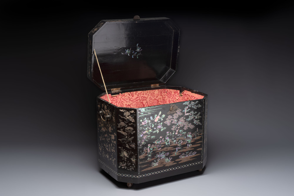 A large Chinese export mother-of-pearl-inlaid lacquer tea chest, 19th C.