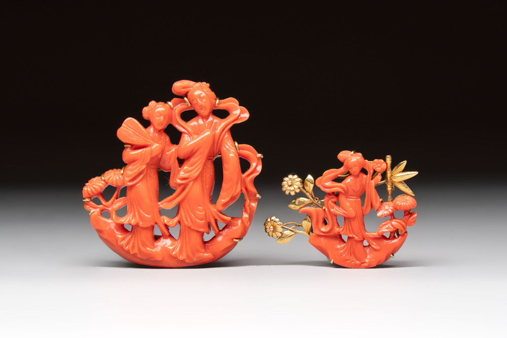 Two Chinese red coral 14kt gold-mounted brooches, 19/20th C.