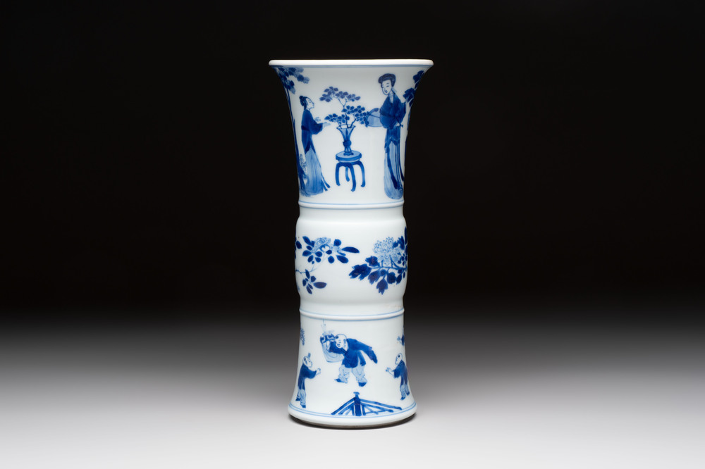A Chinese blue and white 'Long Eliza and playing boys' 'gu' vase, Kangxi
