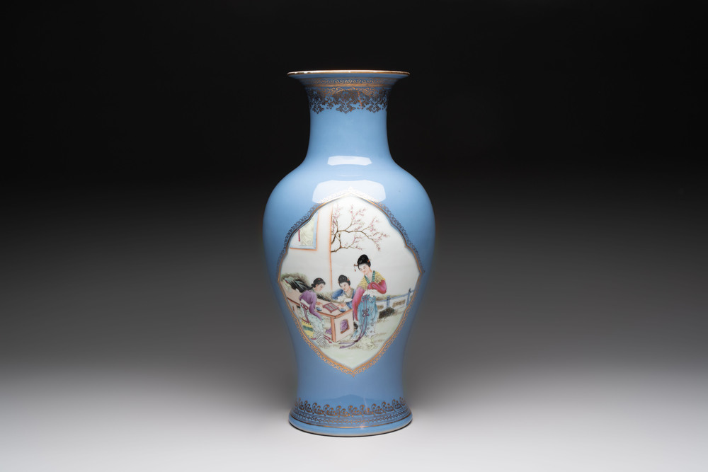 A Chinese famille rose lavender-blue-ground vase, Qianlong mark, Republic