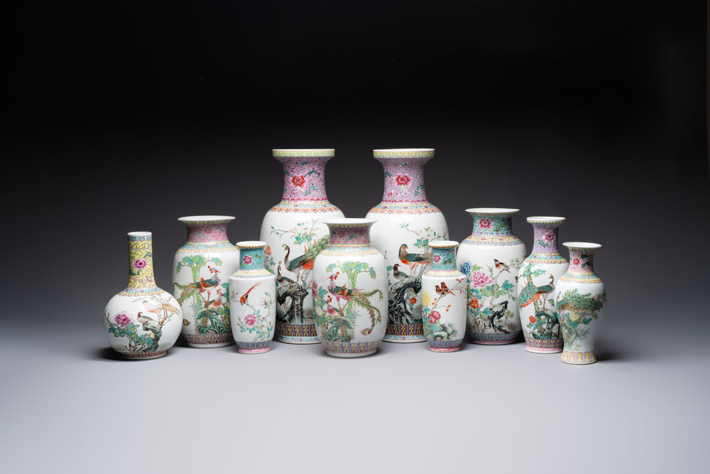 Ten Chinese famille rose vases with birds among flowering branches, Qianlong and Jingdezhen marks, 20th C.