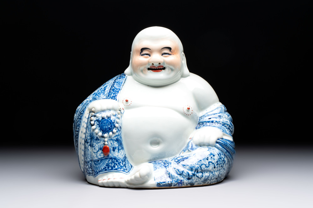 A Chinese blue, white and iron-red Milefo Buddha, Zhu Mao Ji 朱茂記造 mark, 20th C.