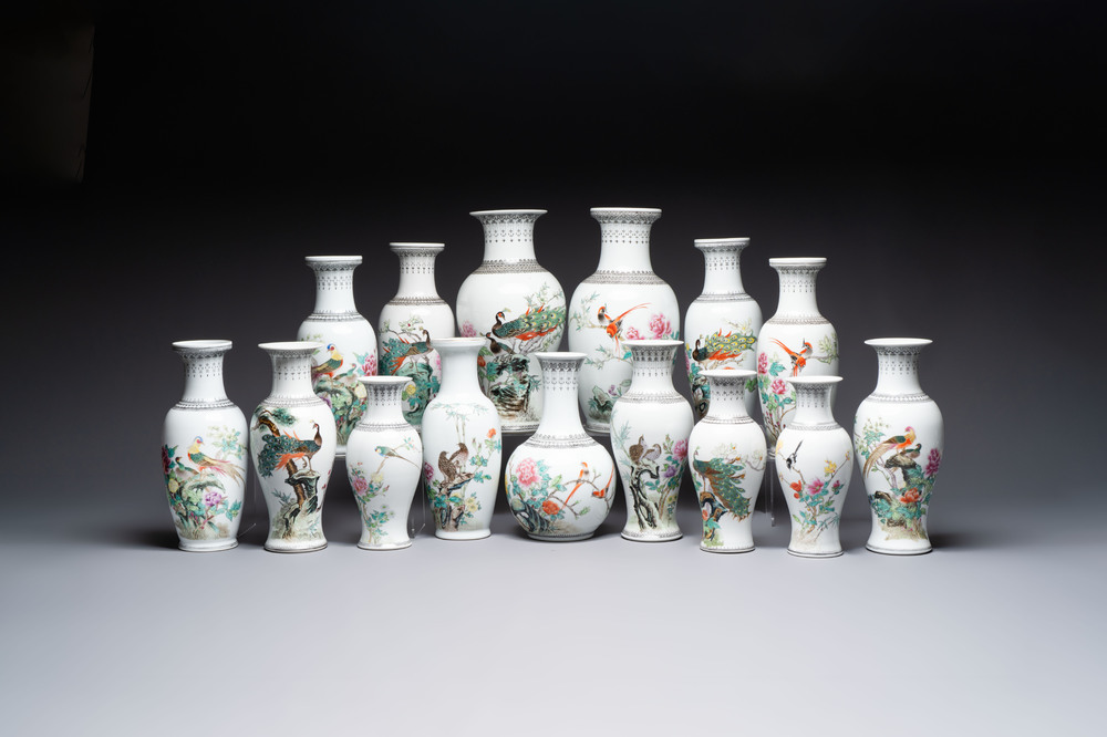 15 Chinese famille rose vases with birds among flowering branches, Qianlong and Jingdezhen marks, 20th C.