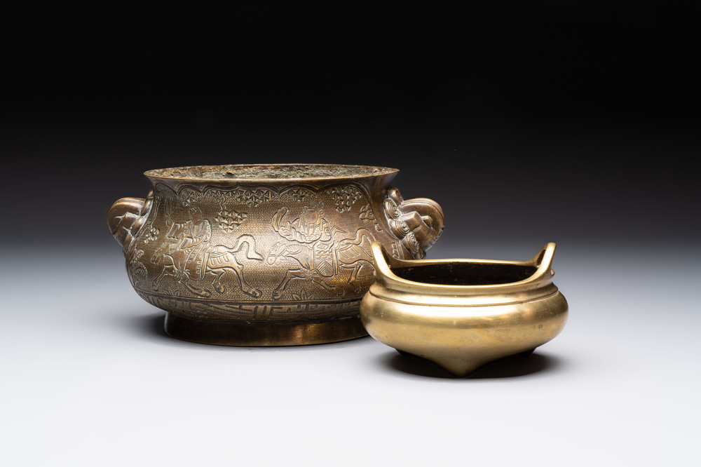 Two Chinese bronze censers, Xuande marks, 19th C.