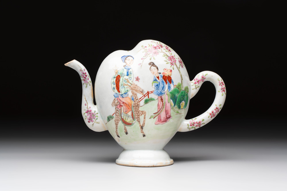 A Chinese famille rose peach-shaped 'Ma Gu Xian Shou 麻姑獻壽' and 'Sanxing' cadogan teapot, Jiaqing