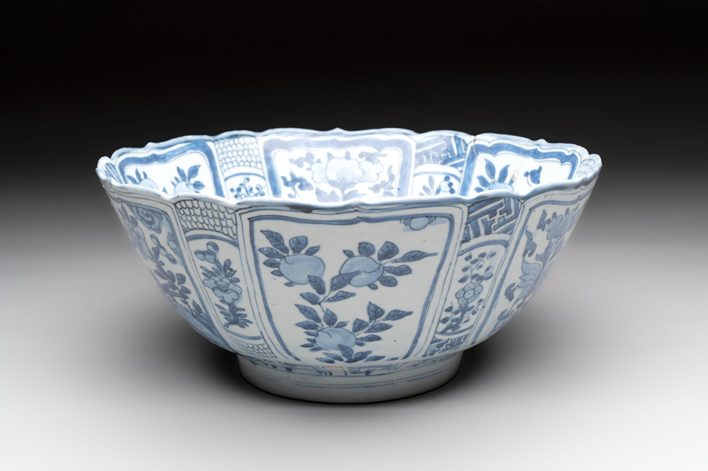 A Chinese blue and white 'kraak' bowl with ducks and flowers, Wanli