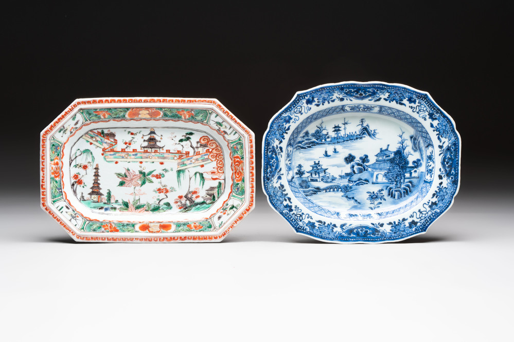 A Chinese famille verte dish and a blue and white dish, Kangxi/Qianlong