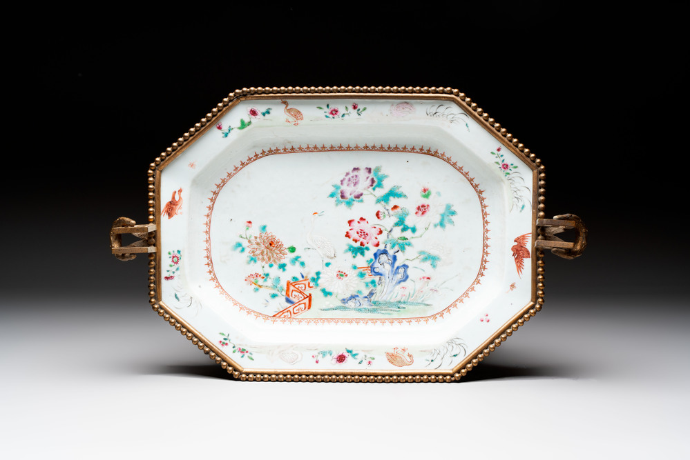 A Chinese famille rose dish with a crane among flowering branches with bronze mount, Qianlong