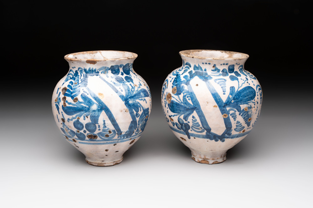 Two blue and white ointment jars, Spain, 17th C.