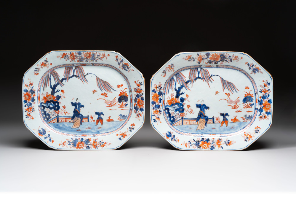 A pair of Chinese Imari-style 'lady and boy' dishes, Qianlong