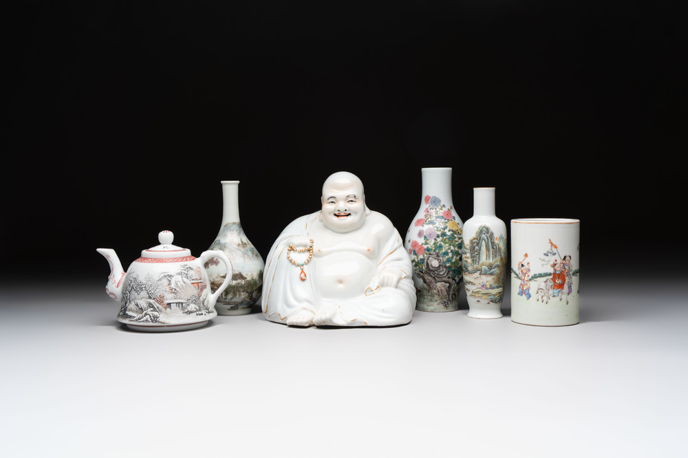A group of three Chinese famille rose vases, a bitong, a covered teapot and a Buddha, Yongzheng, Qianlong and Xue Changsen 薛長森 marks, 19/20th C.