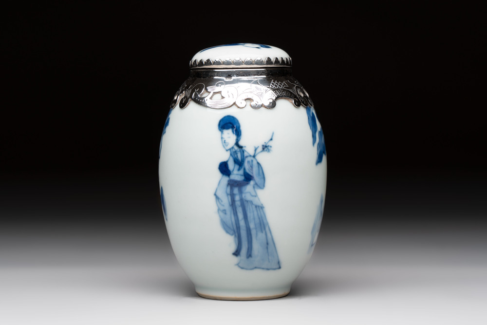 A Chinese blue and white Dutch silver-mounted tea caddy and cover, Kangxi