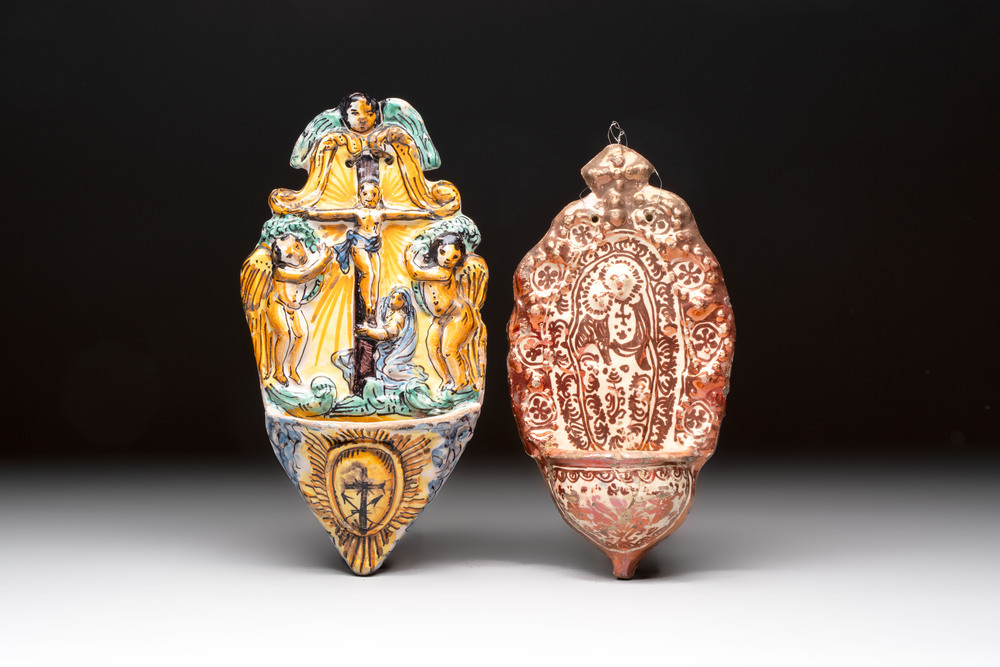 A maiolica holy water font and a Hispano-Moresque lustre-glazed holy water font, Italy and Spain, 17/18th C.