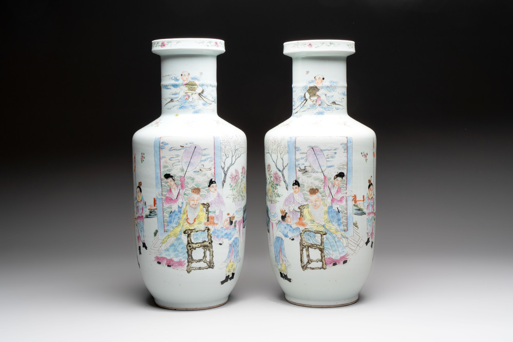 A pair of fine Chinese famille rose 'Guo Ziyi 郭子儀' rouleau vases, Qianlong mark, 19th C.