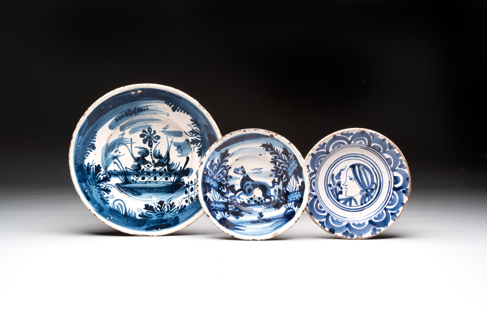Two blue and white Spanish pottery plates and a dish, Talavera, 18th C.