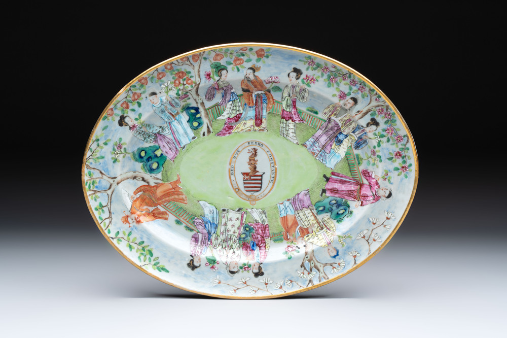 A Chinese Canton famille rose oval armorial dish with the arms of Caulfield for the English market, Daoguang, ca. 1825