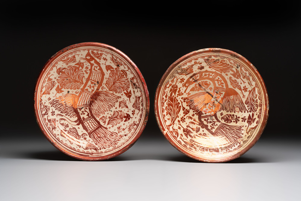 Two large Hispano-Moresque lustre-glazed dishes with a bird, Valencia or Manises, Spain, late 16th C.
