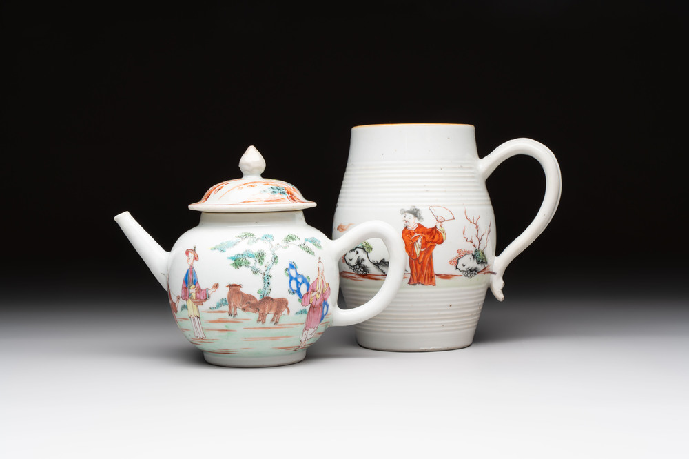 A Chinese famille rose 'mandarin subject' teapot and a mug, Qianlong