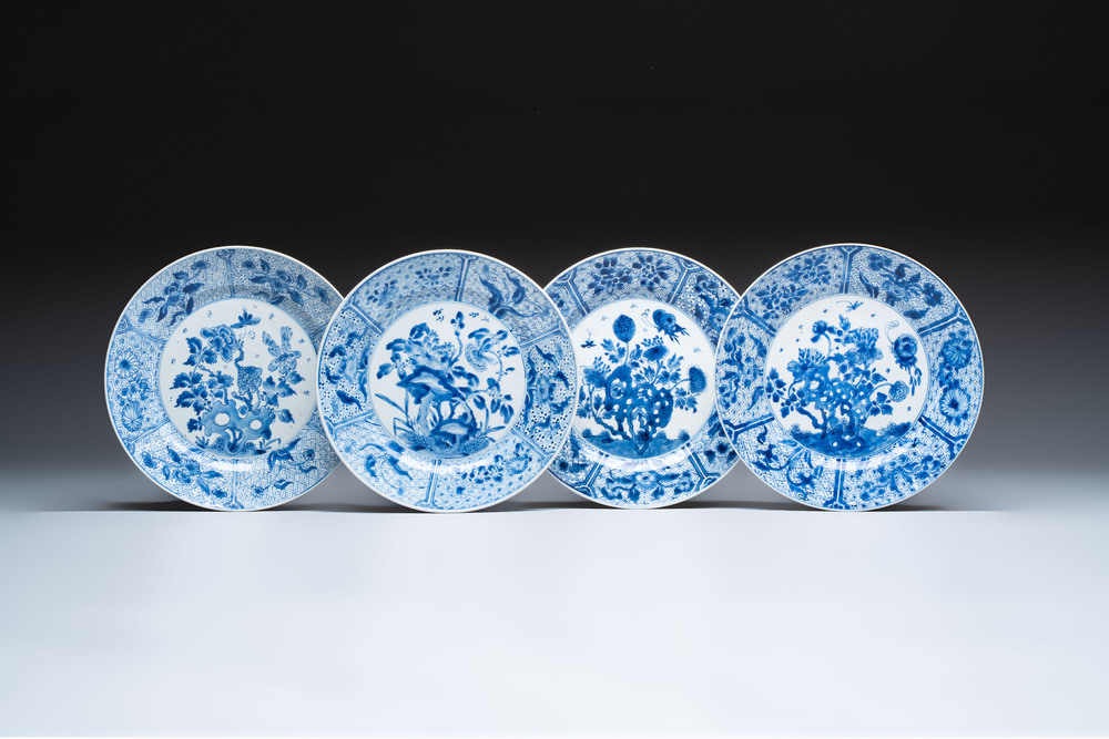 Four Chinese blue and white plates with floral design, Kangxi