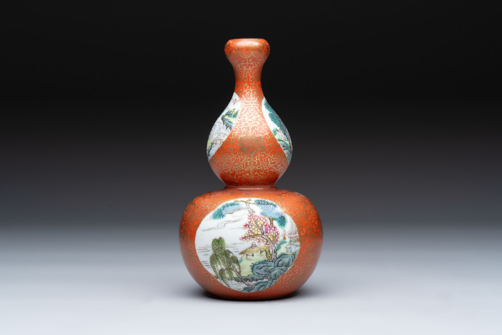 A Chinese famille rose coral-red-ground 'landscape' gourd vase, Qianlong mark, Republic