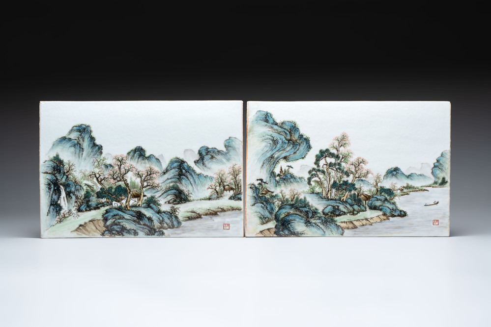 A pair of fine Chinese famille rose plaques with landscape design, signed Wang Yeting 汪野亭, 20th C.