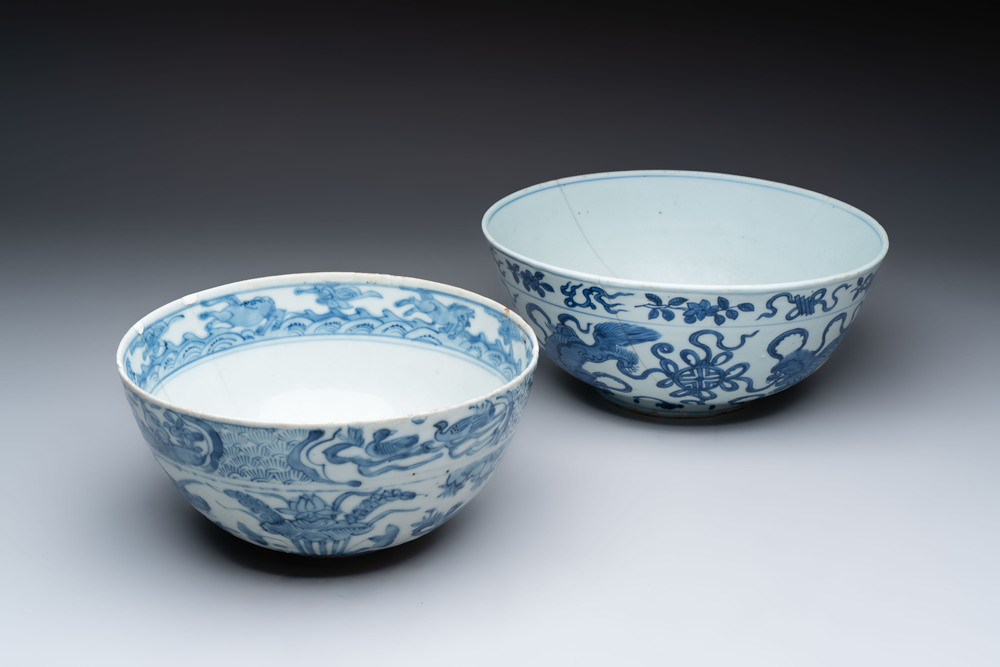 A large Chinese blue and white 'Buddhist lion' bowl and a Swatow blue and white bowl, Ming