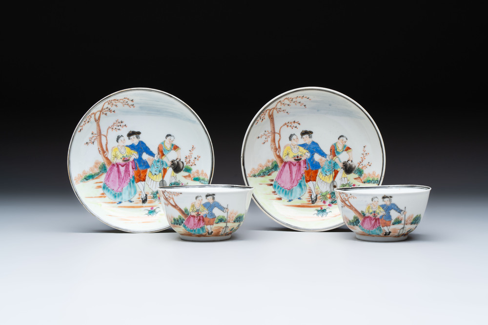 A pair of Chinese famille rose 'European subject' cups and saucers, Qianlong