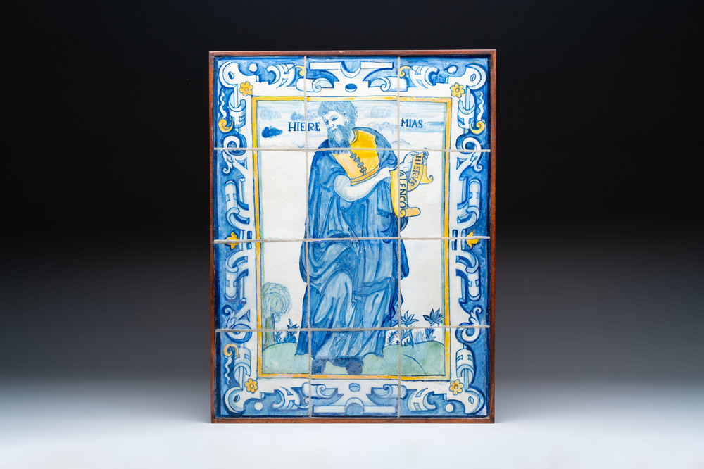A mounted blue, white and yellow 'Jeremiah' tile mural, Spain or Portugal, 18th C.