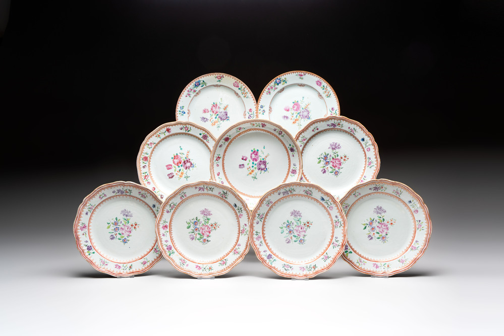 Nine Chinese famille rose Lowestoft-style plates, Qianlong