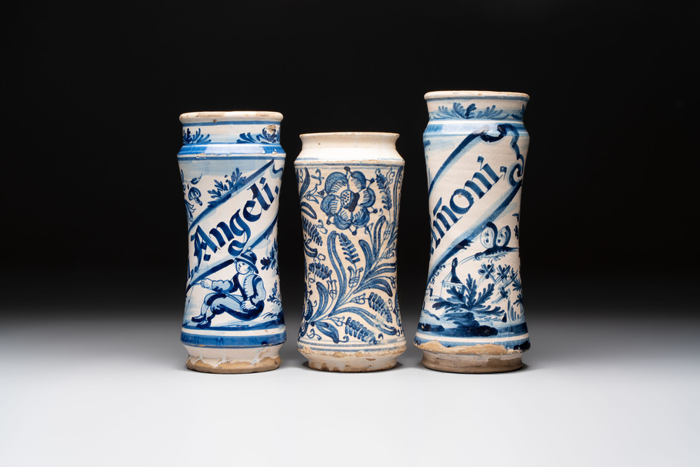 Three blue and white albarelli, Spain, 18th C.