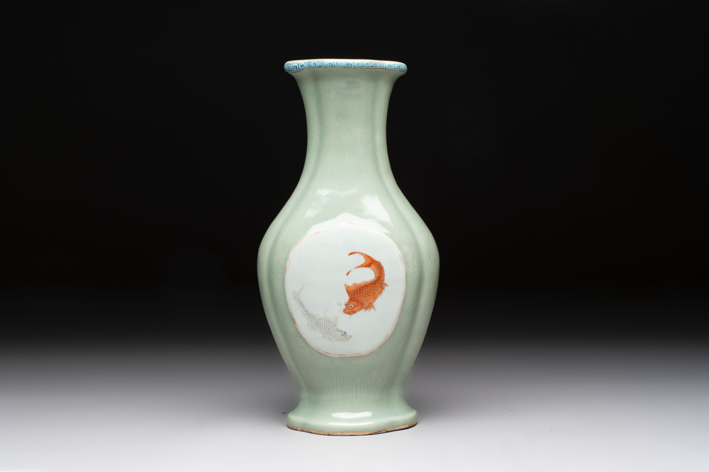 A fine Chinese polychrome celadon-ground 'carp' vase, Qianlong mark and of the period