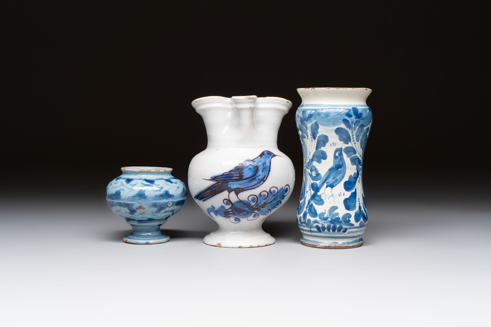 A blue and white albarello, a jug and a small jar, Italy, 17/18th C.