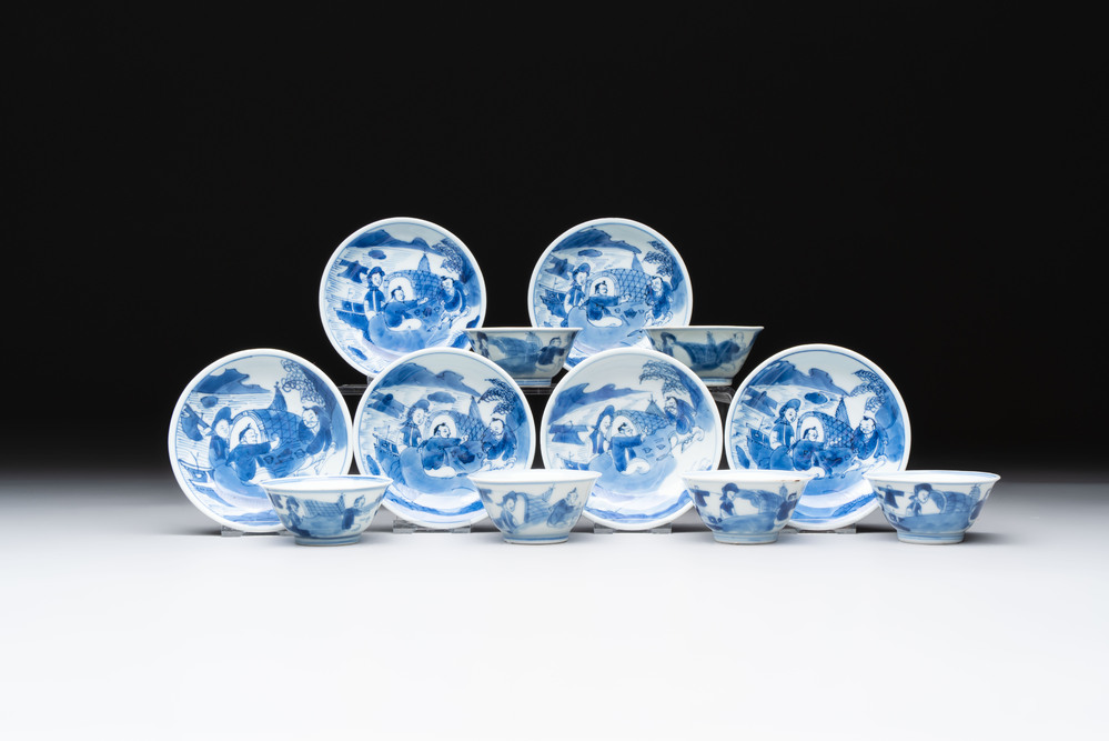 A set of six Chinese blue and white cups and saucers, Qing Yu Tang 青玉堂 and Lin Yu Tang 琳玉堂 marks, Kangxi