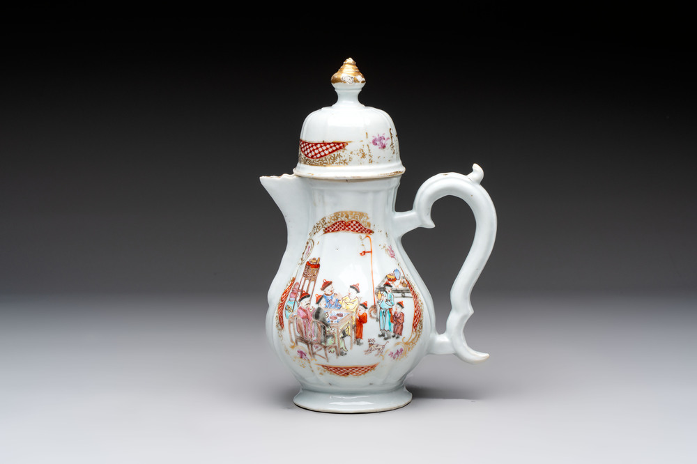 A Chinese famille rose 'mandarin subject' jug and cover, Qianlong