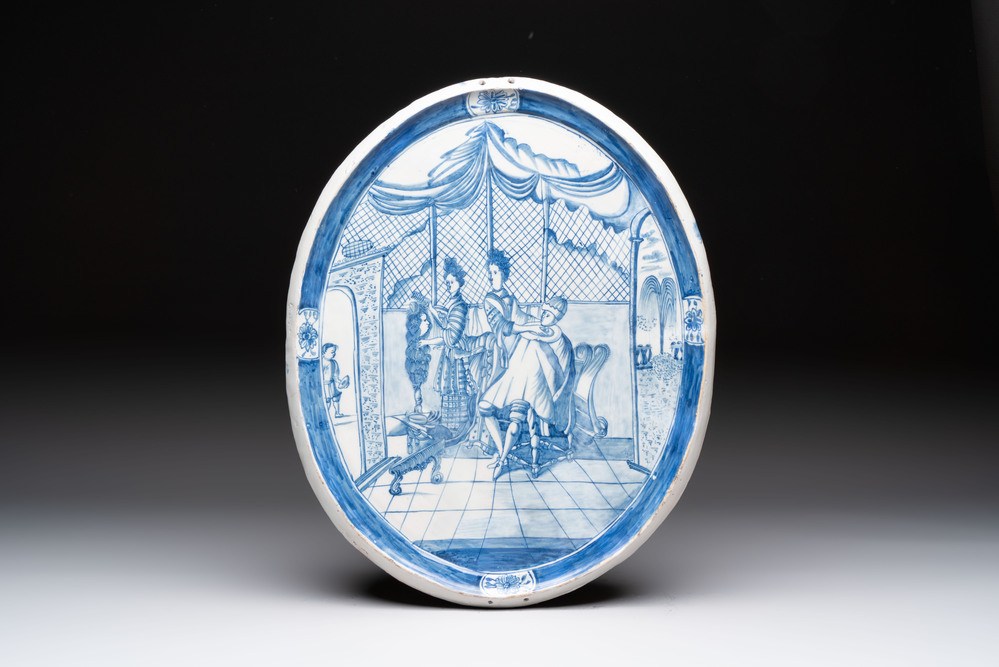A blue and white Dutch Delft 'The King's Wig' plaque, 18th C.