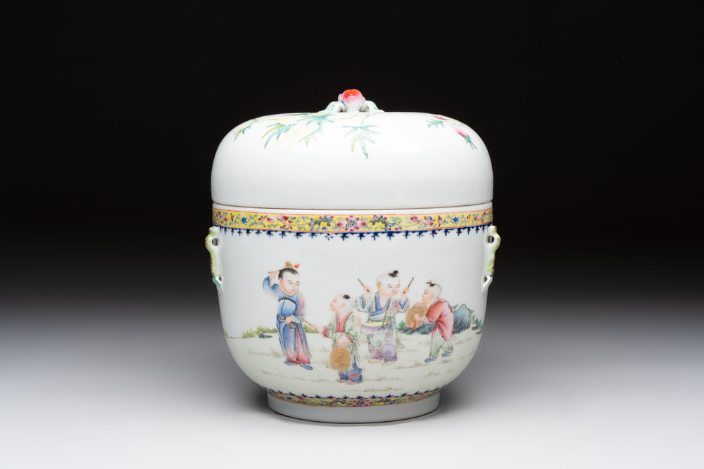 A Chinese famille rose 'playing boys' bowl and cover, Qianlong mark, Republic