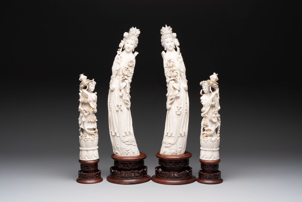 Two pairs of Chinese ivory 'elegant beauty' carvings, 'Da Hai 大海' mark, 19/20th C.