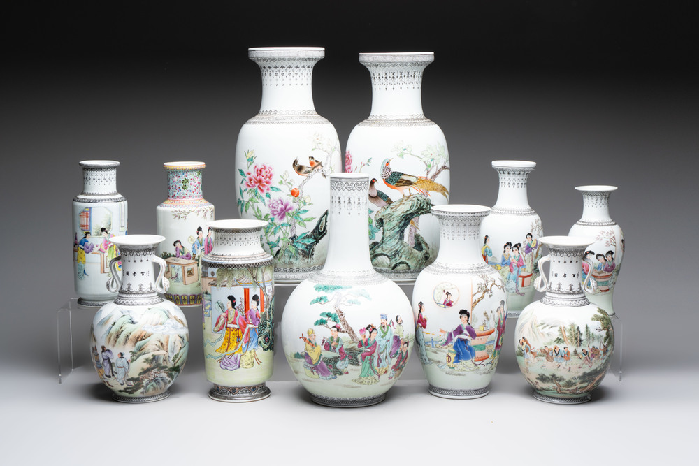 11 Chinese famille rose vases, Guang Hua Yi Pin 光華藝品, Qianlong and Jingdezhen marks, 20th C.