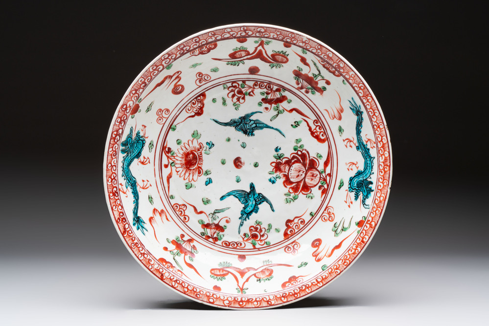 A Chinese Swatow wucai 'dragon and phoenix' dish, Ming