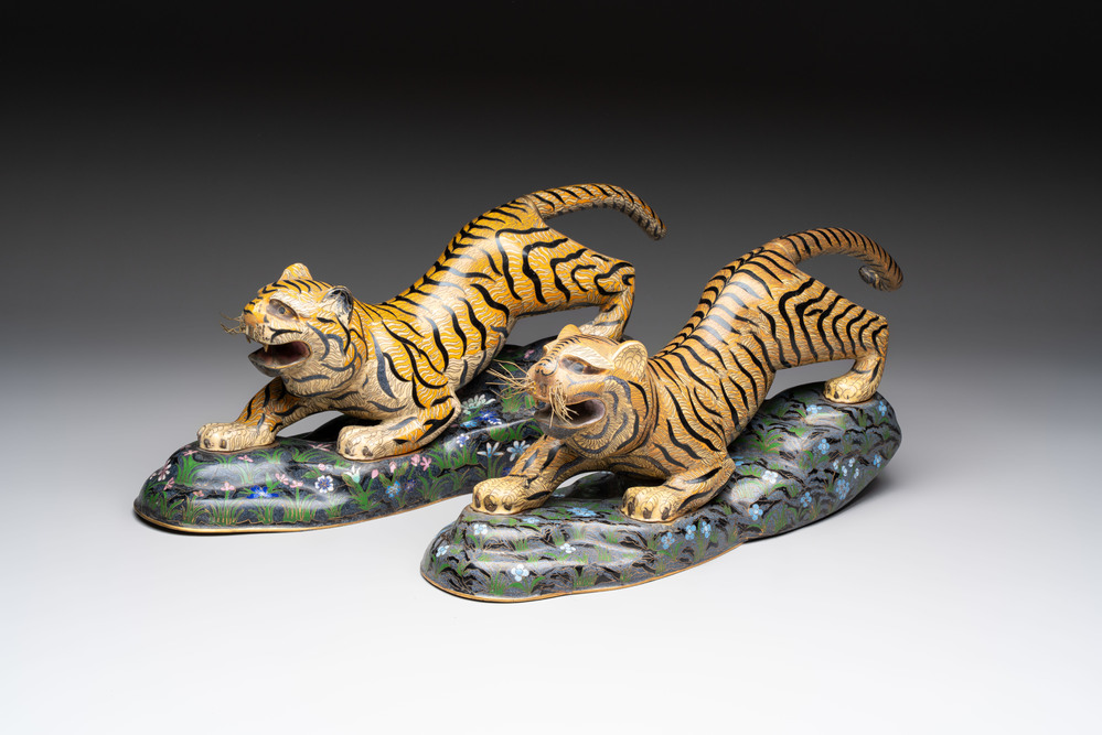 A pair of Chinese cloisonn&eacute; tigers, Republic