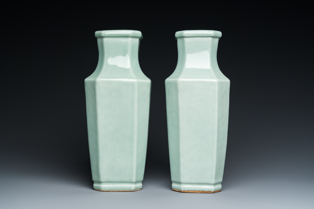 A pair of Chinese celadon-glazed octagonal vases, Xuantong mark and of the period